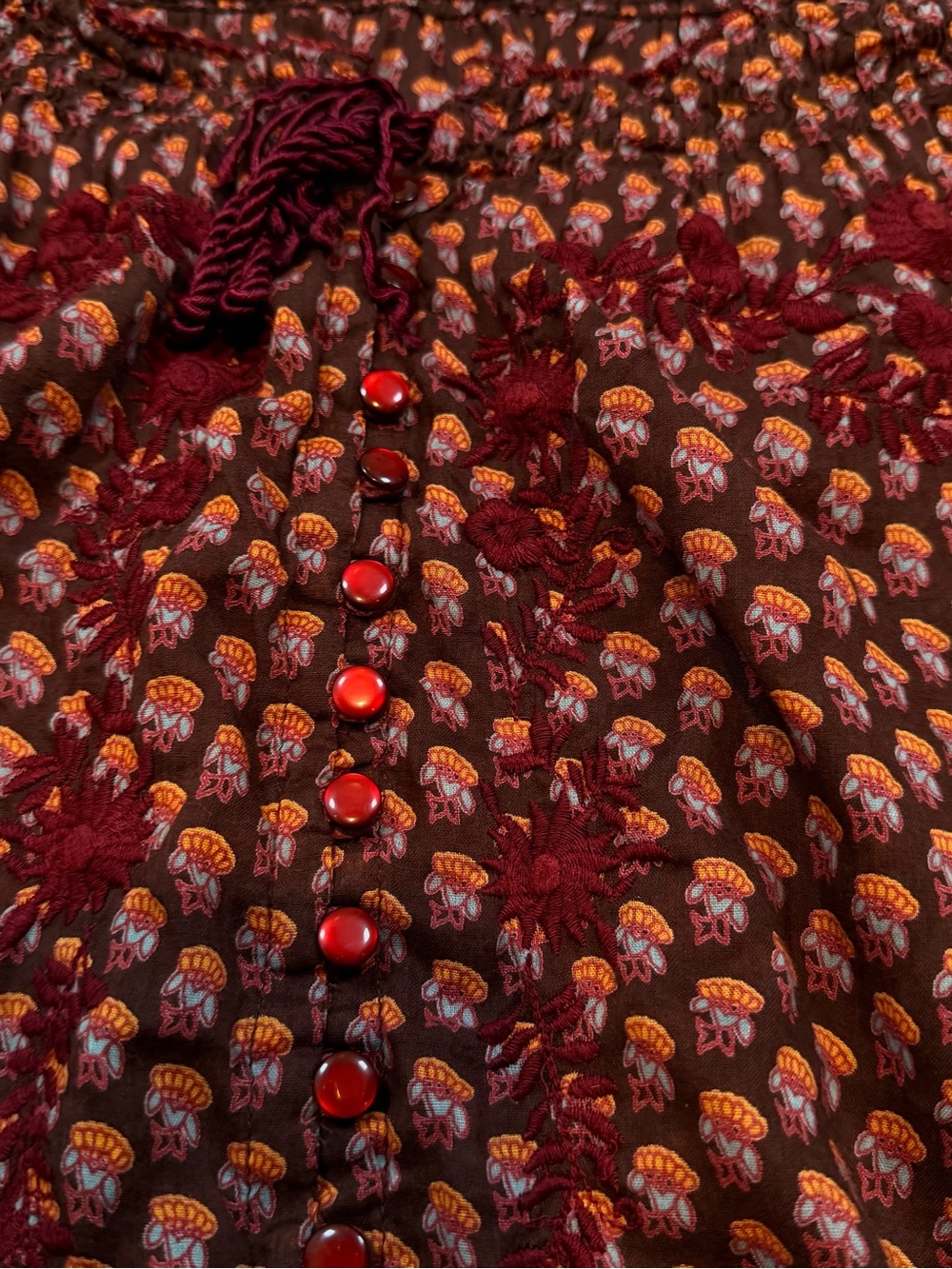 zinc Burgundy Floral-Print Boho Button Blouse